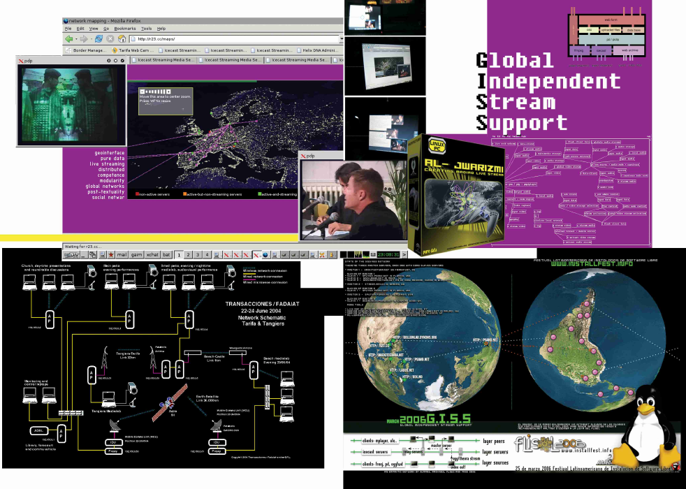 Collage image showing some of graphics relevant to the GISS component of the <em>fadaiat</em> project. In the lower left is the network diagram for the entire wireless data link. Note in the lower right image the reference to the upside-down map of South American by the Uruguayan artist Joaquín Torres-García; this tactic of rotating or reflecting maps is used extensively within the <em>fadaiat</em> book as a way of destabilizing our views of cartography. In Monsell Prado and de Soto Suárez 2006: 46–47 and licensed under Creative Commons Attribution-NonCommerical-ShareAlike Spain 2.5.